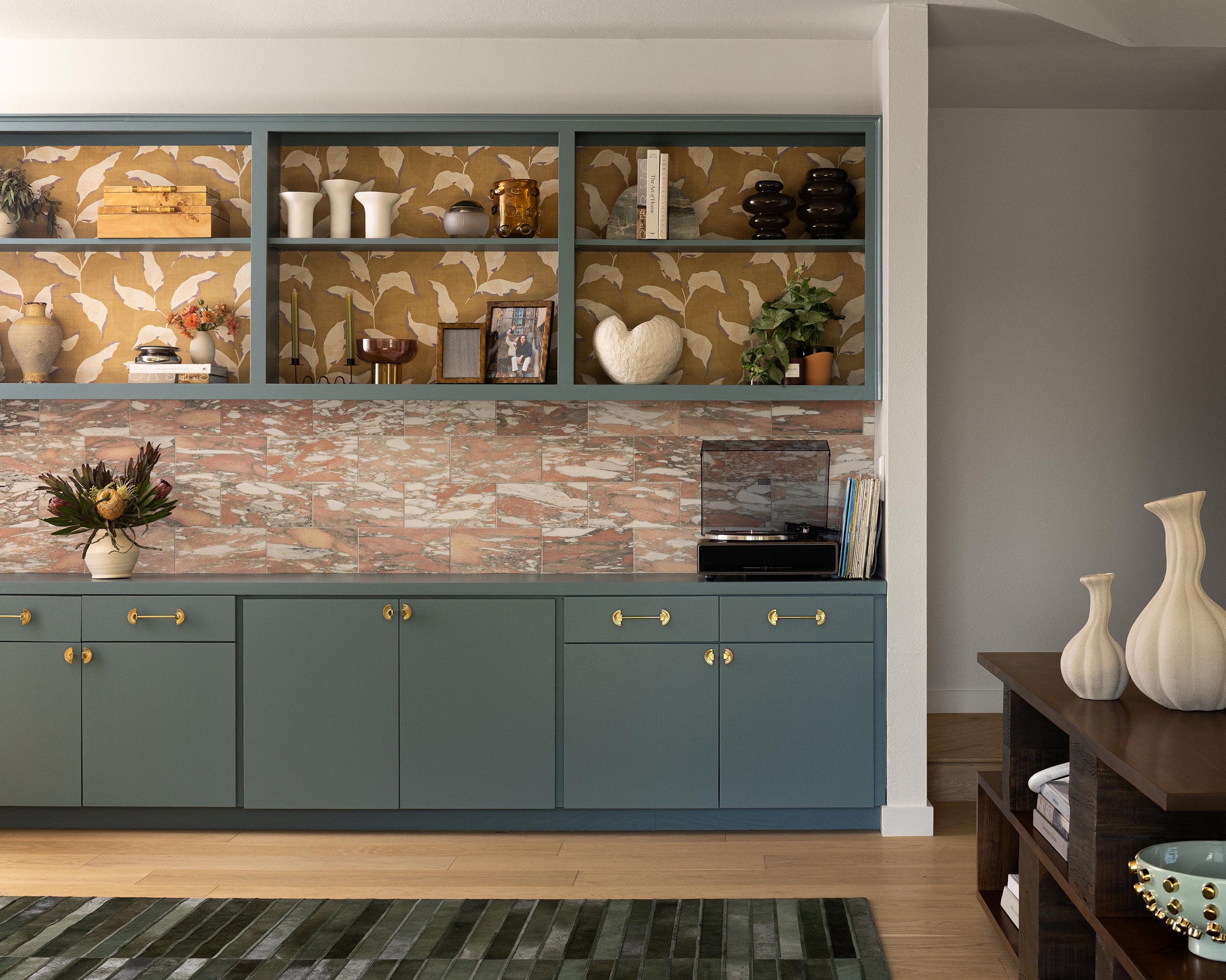 Norwegian Rose 6x12 Marble Tile | Honed -installed as backsplash in living room built in shelving unit-Riad Tile