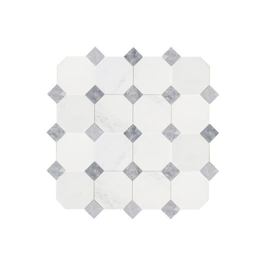 Octagon & Dot Octodot Casablanca Carrara & Bardiglio Grey Marble Tile | Honed-Main Inventory-All Products,Natural Stone-Riad Tile