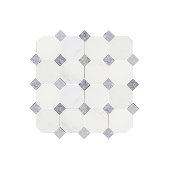 Octagon & Dot Octodot Casablanca Carrara & Bardiglio Grey Marble Tile | Honed-Main Inventory-All Products,Natural Stone-Riad Tile
