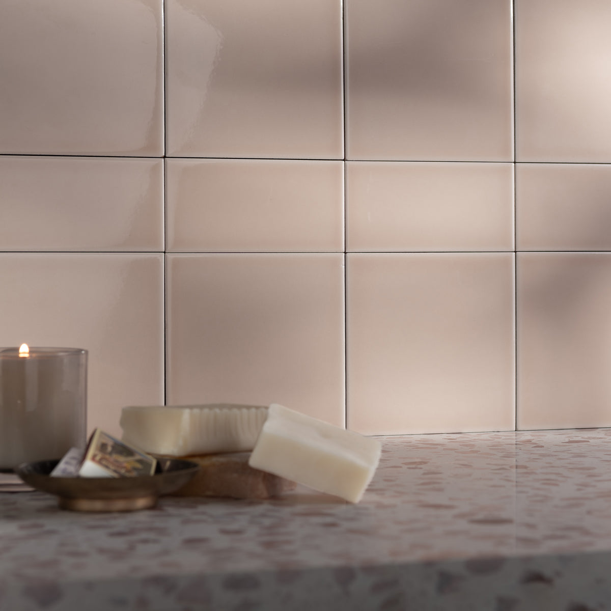 beige square & rectangle ceramic gloss tile installed as backsplash