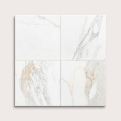 calacatta gold Marble tiles arranged in a grid on a light gray background
