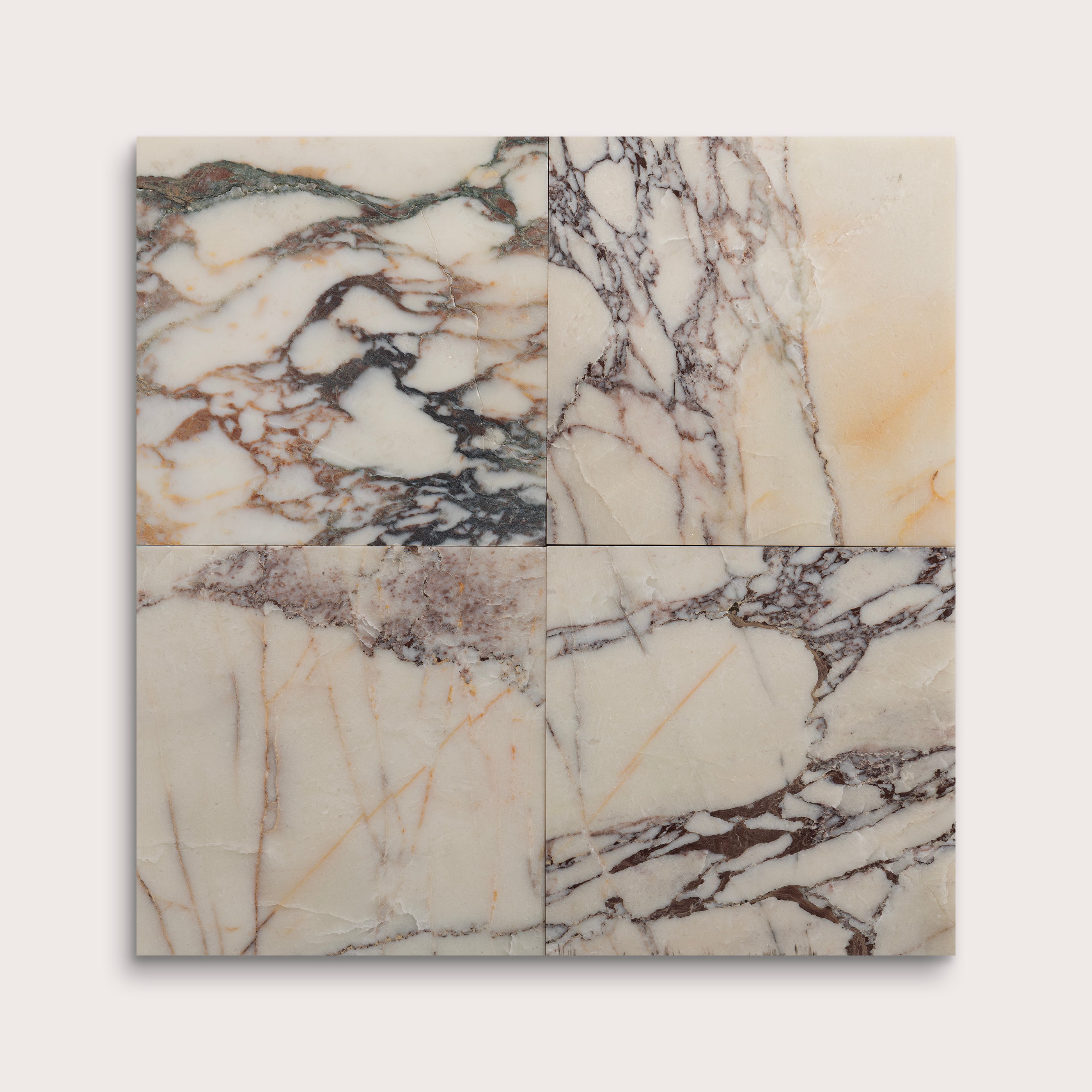 Calacatta viola marble pattern in collage of four