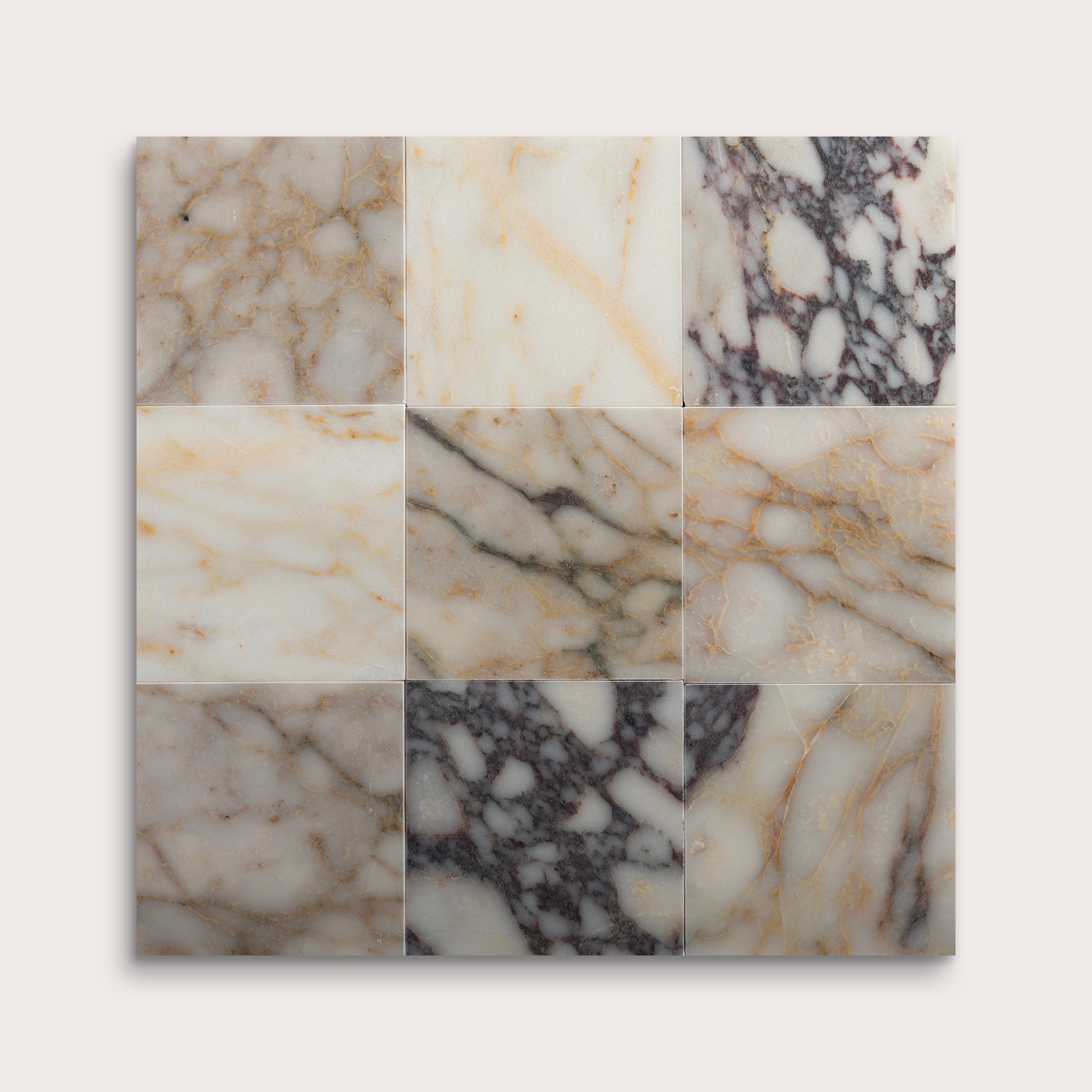Calacatta viola marble pattern in collage of nine