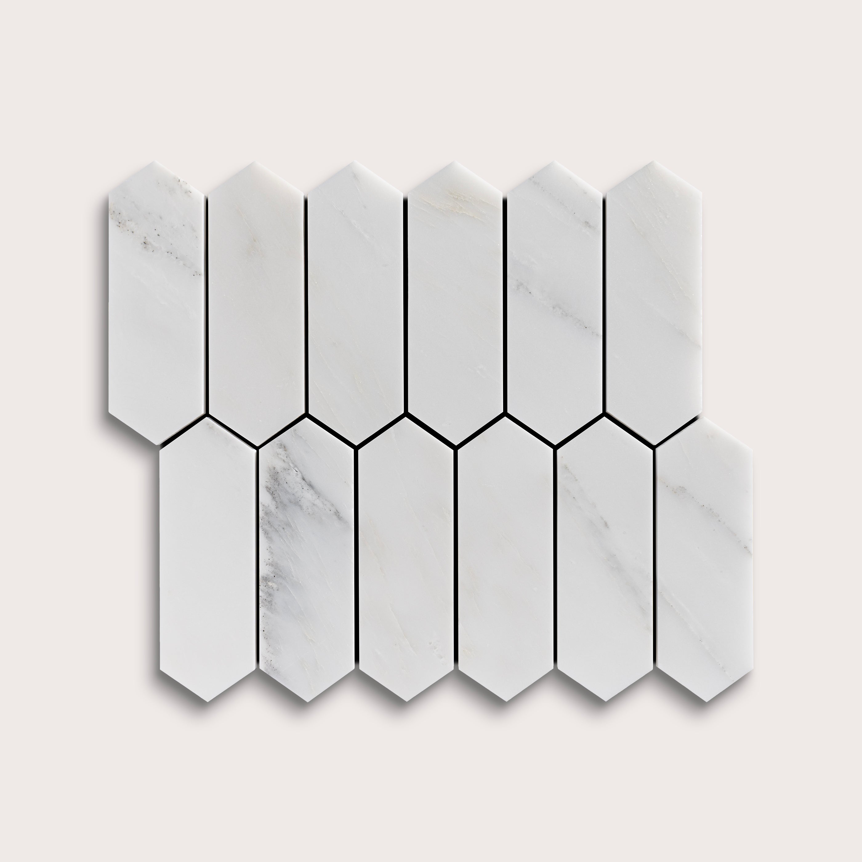 Hexagonal casablanca carrara marble mosaic tile on a light gray background