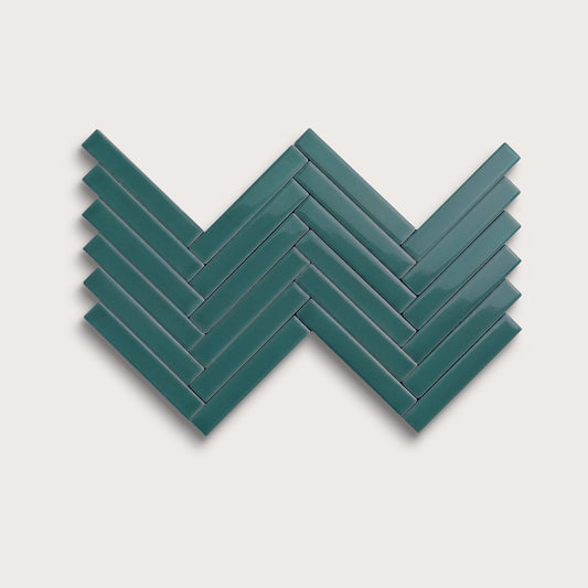 Aegean Blue ceramic tile, 1 by 6 inch herringbone mosaic, gloss finish