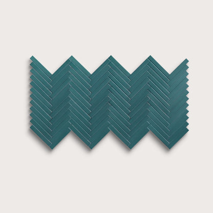 Aegean Blue ceramic tile, 1 by 6 inch herringbone mosaic, matte finish