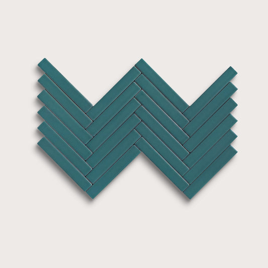 Aegean Blue ceramic tile, 1 by 6 inch herringbone mosaic, matte finish