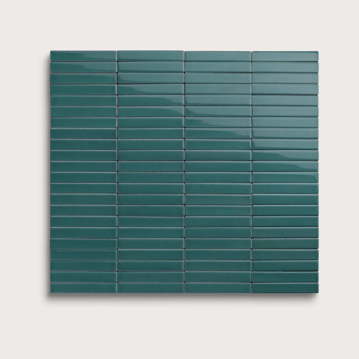 Aegean Blue ceramic tile, 1 by 6 inch stacked mosaic, gloss finish