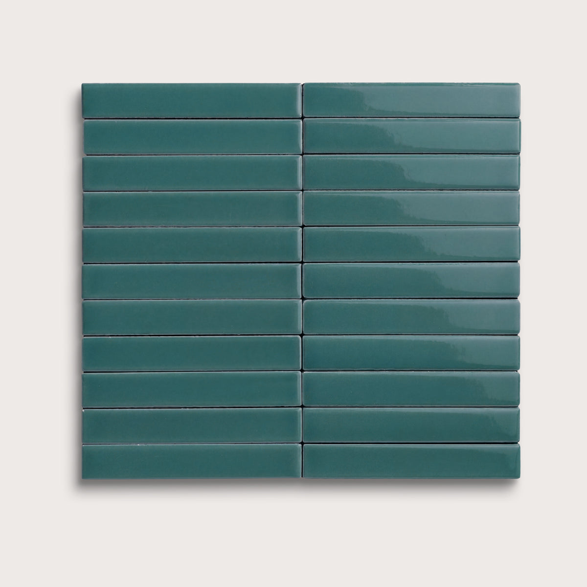 Aegean Blue ceramic tile, 1 by 6 inch stacked mosaic, gloss finish