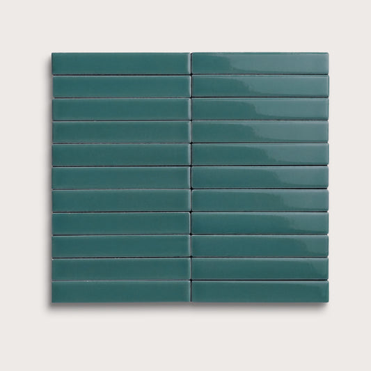 Aegean Blue ceramic tile, 1 by 6 inch stacked mosaic, gloss finish