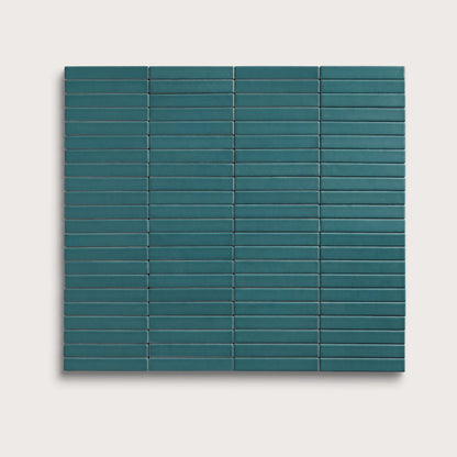Aegean Blue ceramic tile, 1 by 6 inch stacked mosaic, matte finish