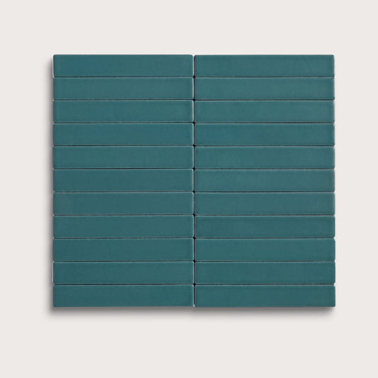 Aegean Blue ceramic tile, 1 by 6 inch stacked mosaic, matte finish