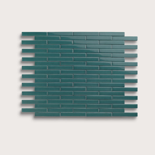 Aegean Blue ceramic tile, 1 by 6 inch subway mosaic, gloss finish