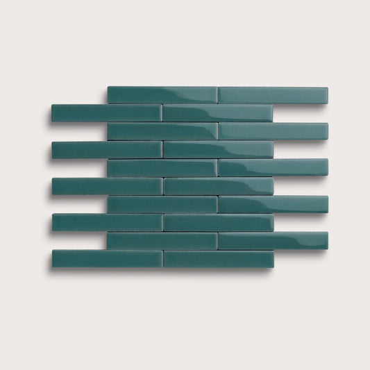 Aegean Blue ceramic tile, 1 by 6 inch subway mosaic, gloss finish