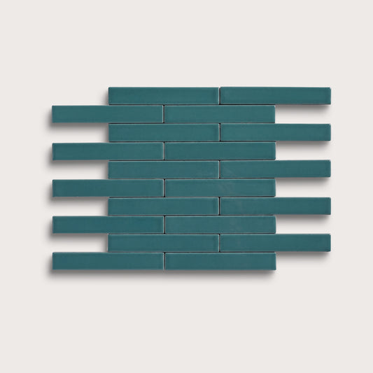 Aegean Blue ceramic tile, 1 by 6 inch subway mosaic, matte finish