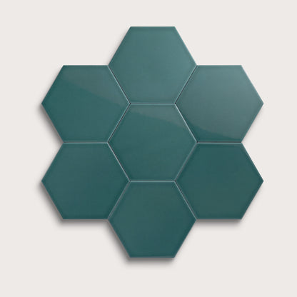 Aegean Blue ceramic tile, 8 inch hex, gloss finish