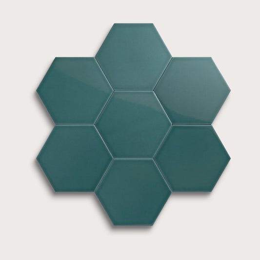 Aegean Blue ceramic tile, 8 inch hex, gloss finish