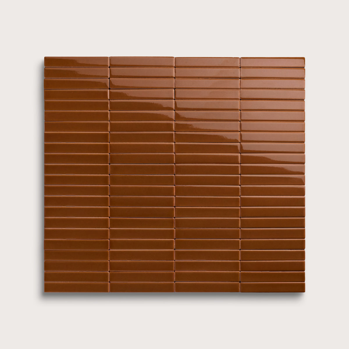 Amber ceramic tile, 1 by 6 inch stacked mosaic, gloss finish