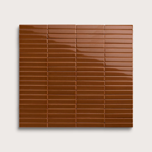 Amber ceramic tile, 1 by 6 inch stacked mosaic, gloss finish