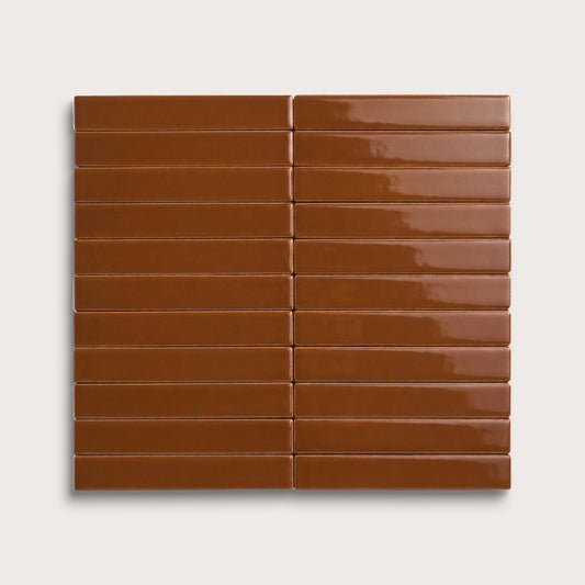 Amber ceramic tile, 1 by 6 inch stacked mosaic, gloss finish