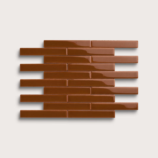 Amber ceramic tile, 1 by 6 inch subway mosaic, gloss finish
