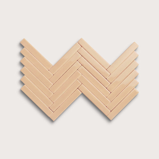 Bone ceramic tile, 1 by 6 inch herringbone mosaic, gloss finish