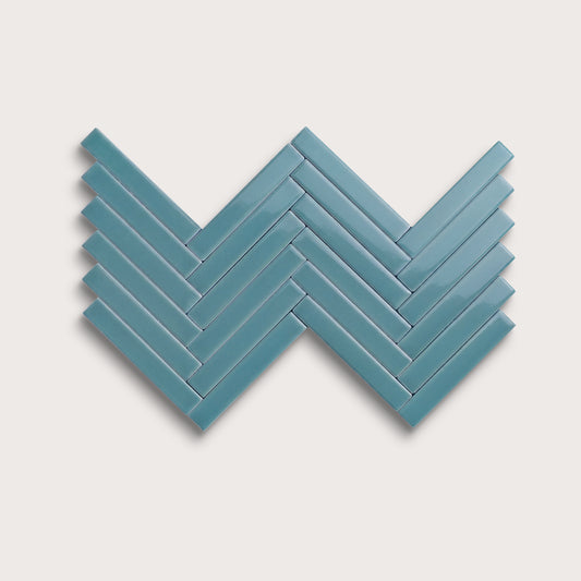 Blue Sky ceramic tile, 1 by 6 inch herringbone mosaic, gloss finish
