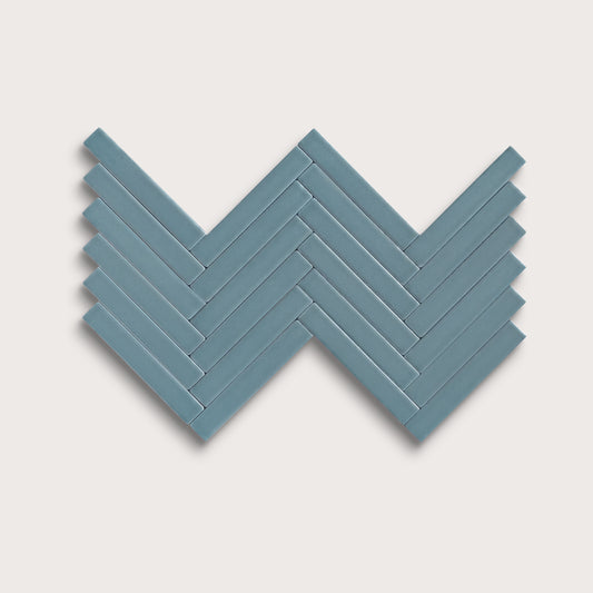 Blue Sky ceramic tile, 1 by 6 inch herringbone mosaic, matte finish