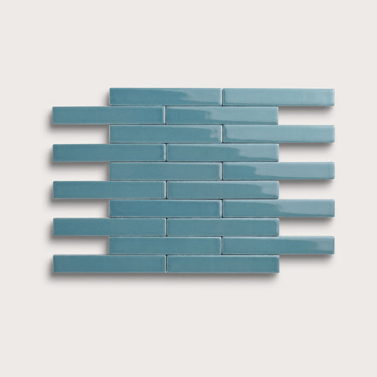 Blue Sky ceramic tile, 1 by 6 inch subway mosaic, gloss finish