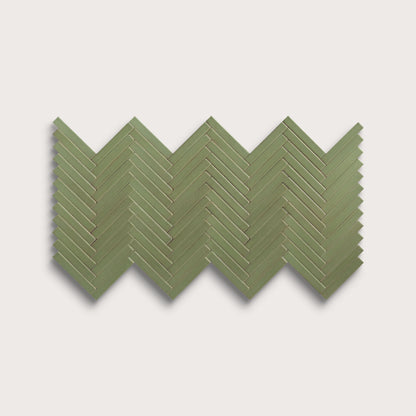 Cactus Green ceramic tile, 1 by 6 inch herringbone mosaic, matte finish
