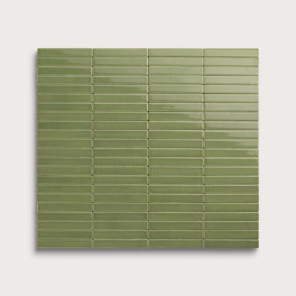 Cactus Green ceramic tile, 1 by 6 inch stacked mosaic, gloss finish