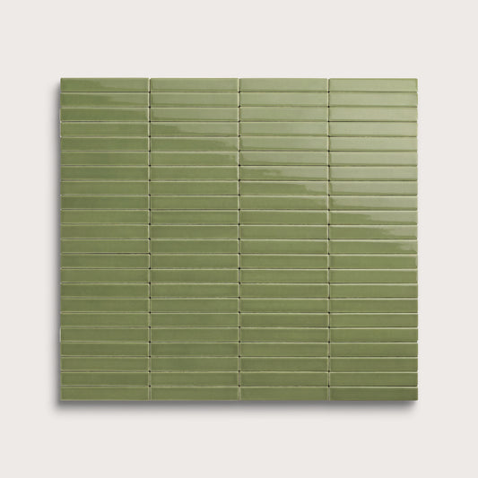 Cactus Green ceramic tile, 1 by 6 inch stacked mosaic, gloss finish