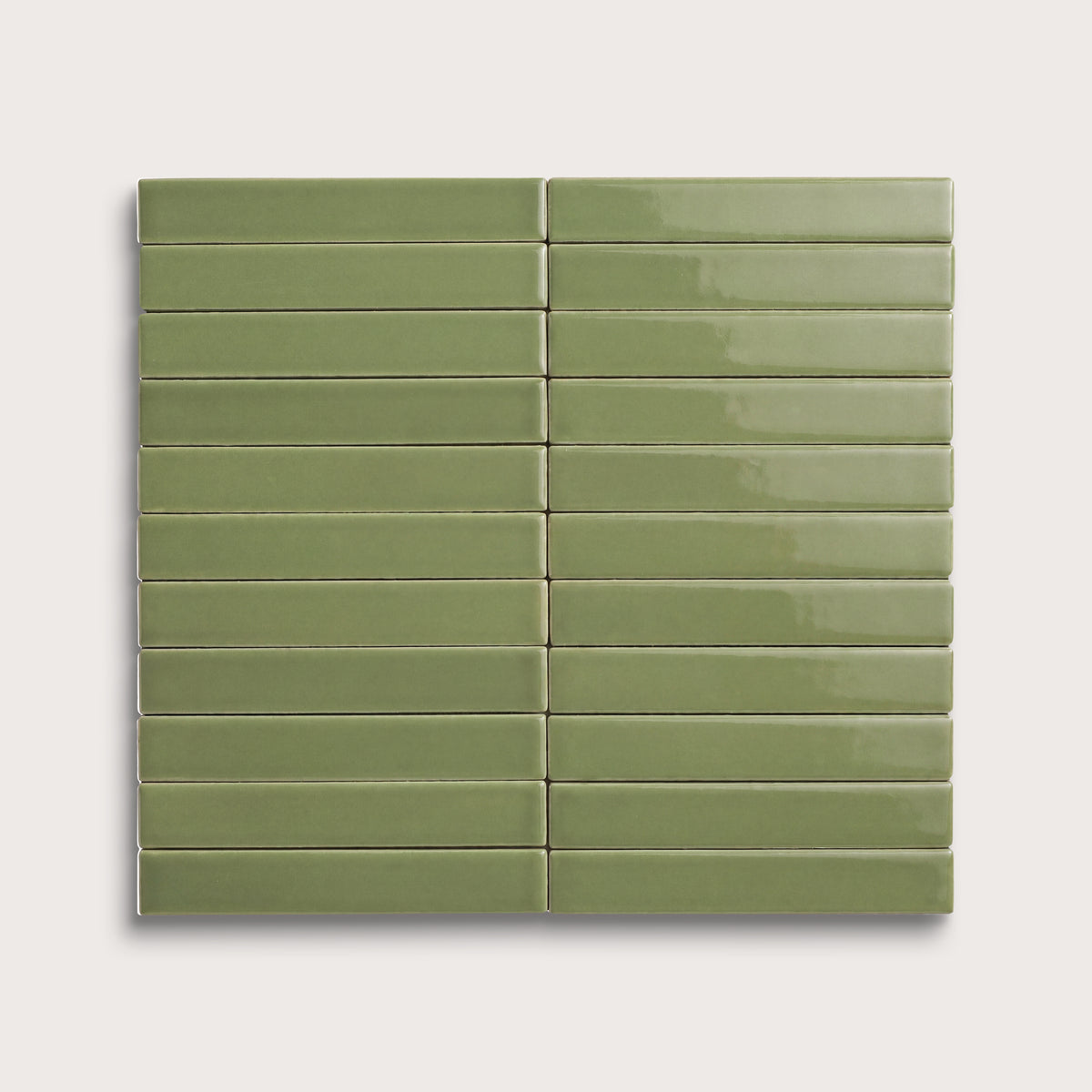 Cactus Green ceramic tile, 1 by 6 inch stacked mosaic, gloss finish