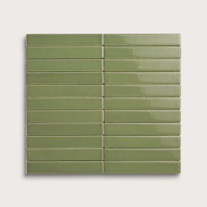 Cactus Green ceramic tile, 1 by 6 inch stacked mosaic, gloss finish
