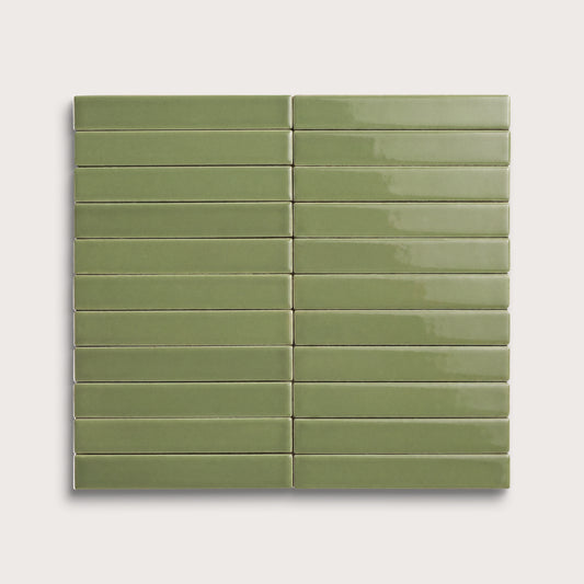 Cactus Green ceramic tile, 1 by 6 inch stacked mosaic, gloss finish