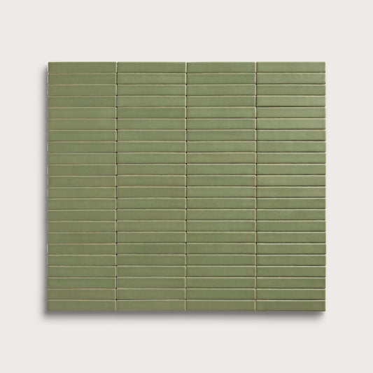 Cactus Green ceramic tile, 1 by 6 inch stacked mosaic, matte finish