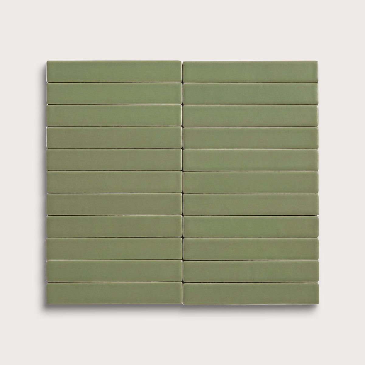 Cactus Green ceramic tile, 1 by 6 inch stacked mosaic, matte finish