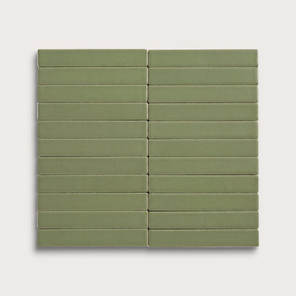 Cactus Green ceramic tile, 1 by 6 inch stacked mosaic, matte finish