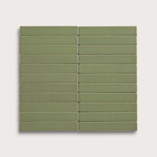 Cactus Green ceramic tile, 1 by 6 inch stacked mosaic, matte finish