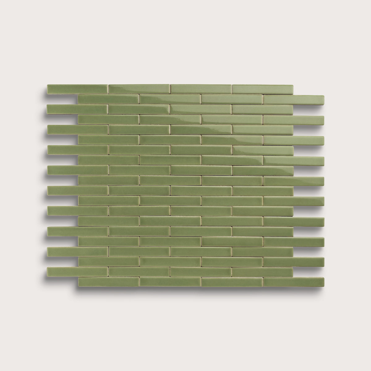 Cactus Green ceramic tile, 1 by 6 inch subway mosaic, gloss finish