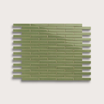 Cactus Green ceramic tile, 1 by 6 inch subway mosaic, gloss finish