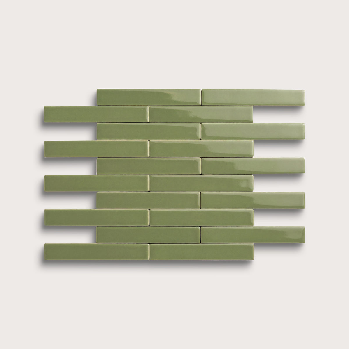 Cactus Green ceramic tile, 1 by 6 inch subway mosaic, gloss finish