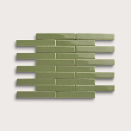 Cactus Green ceramic tile, 1 by 6 inch subway mosaic, gloss finish