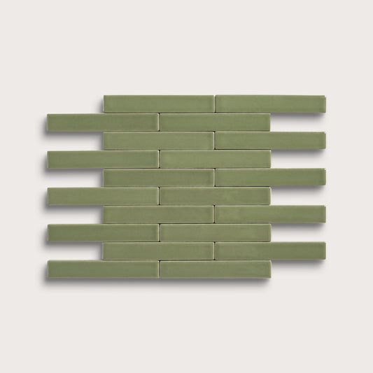 Cactus Green ceramic tile, 1 by 6 inch subway mosaic, matte finish