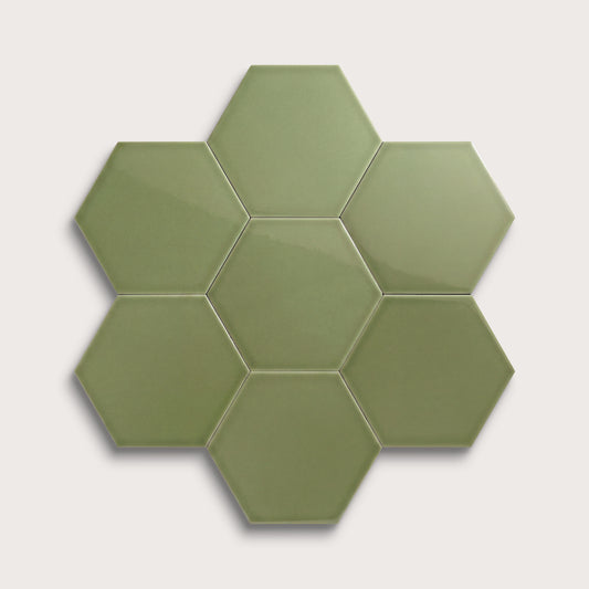 Cactus Green ceramic tile, 8 inch hex, gloss finish