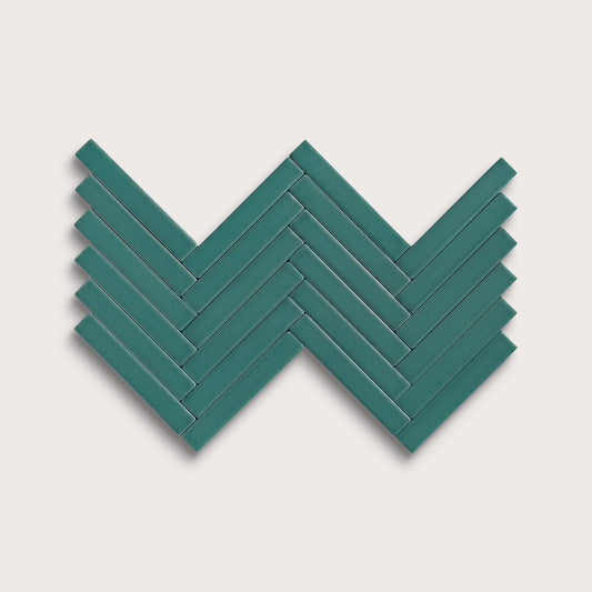 Cenote ceramic tile, 1 by 6 inch herringbone mosaic, matte finish