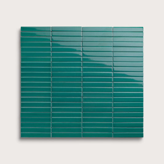 Cenote ceramic tile, 1 by 6 inch stacked mosaic, gloss finish