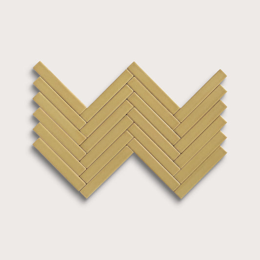 Citron ceramic tile, 1 by 6 inch herringbone mosaic, matte finish