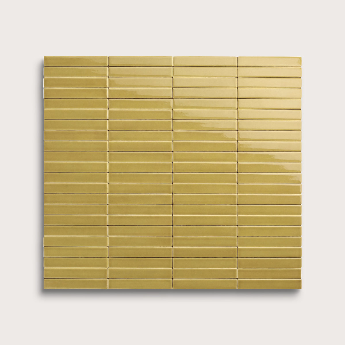 Citron ceramic tile, 1 by 6 inch stacked mosaic, gloss finish