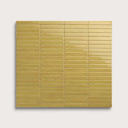 Citron ceramic tile, 1 by 6 inch stacked mosaic, gloss finish